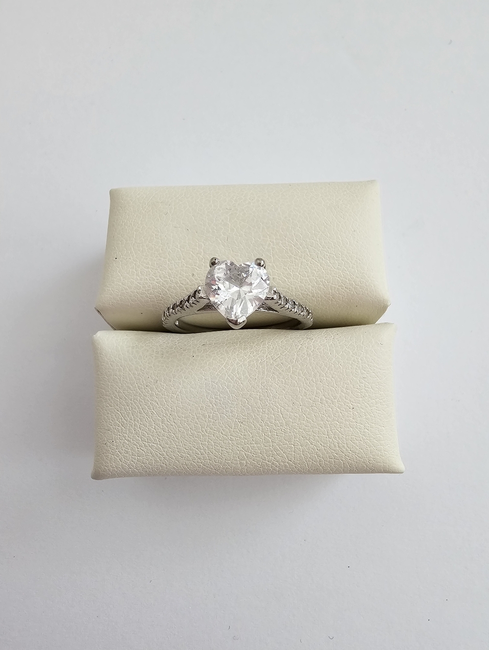 Dainty Heart Cut Solitaire Ring | Pavé Bridge Detail | Silver Tone Size 7